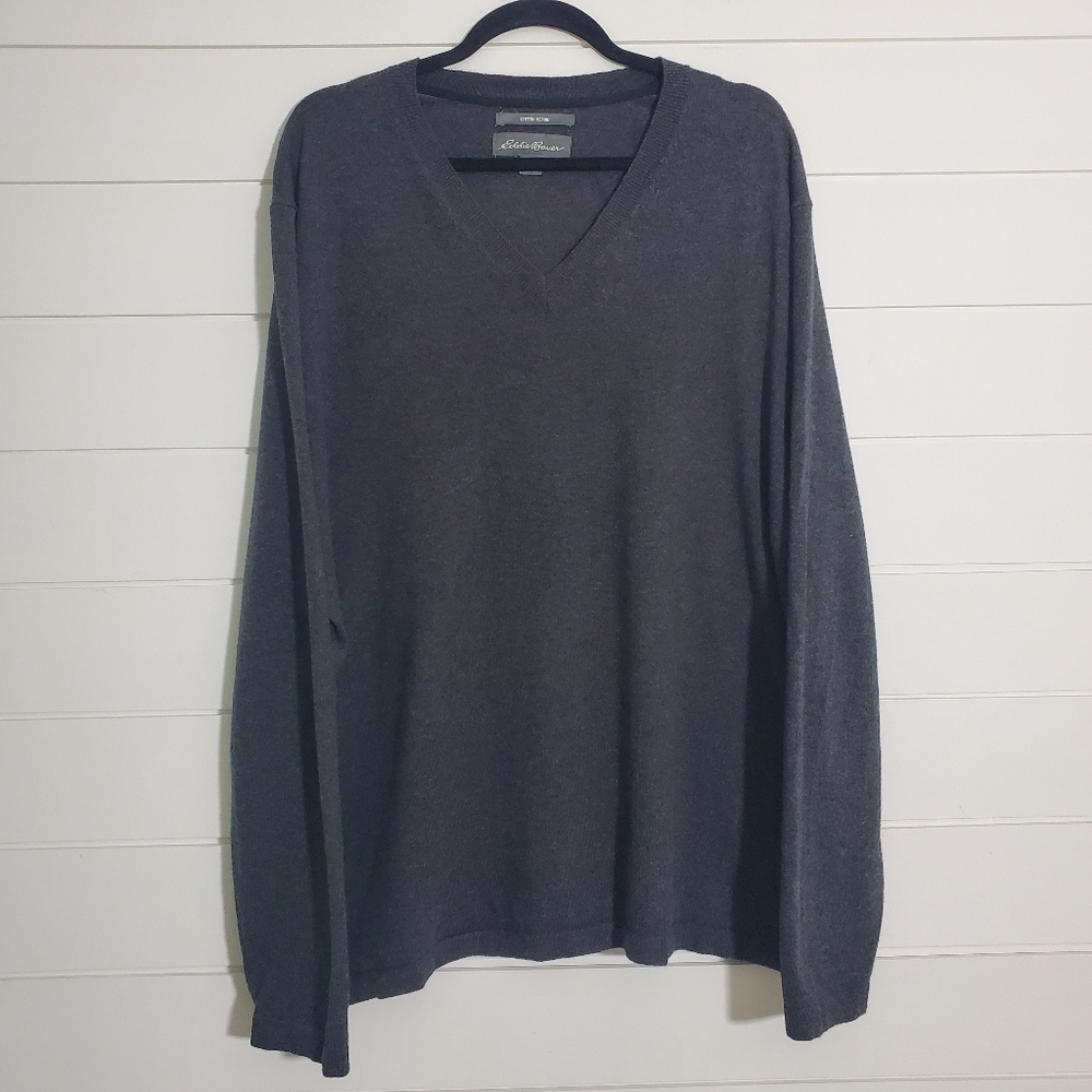 Eddie Bauer Men's Gray‎ Merino Wool Cotton V Neck Sweater Size 2XL